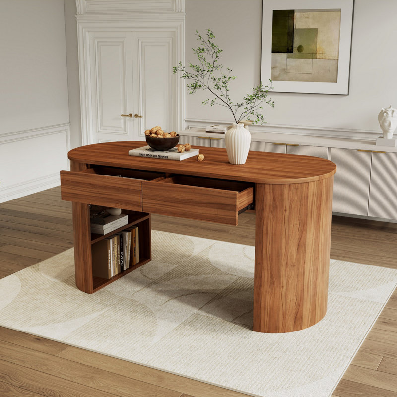 Bureau d'écriture en bois avec tablettes ouvertes et deux tiroirs, Noyer foncé