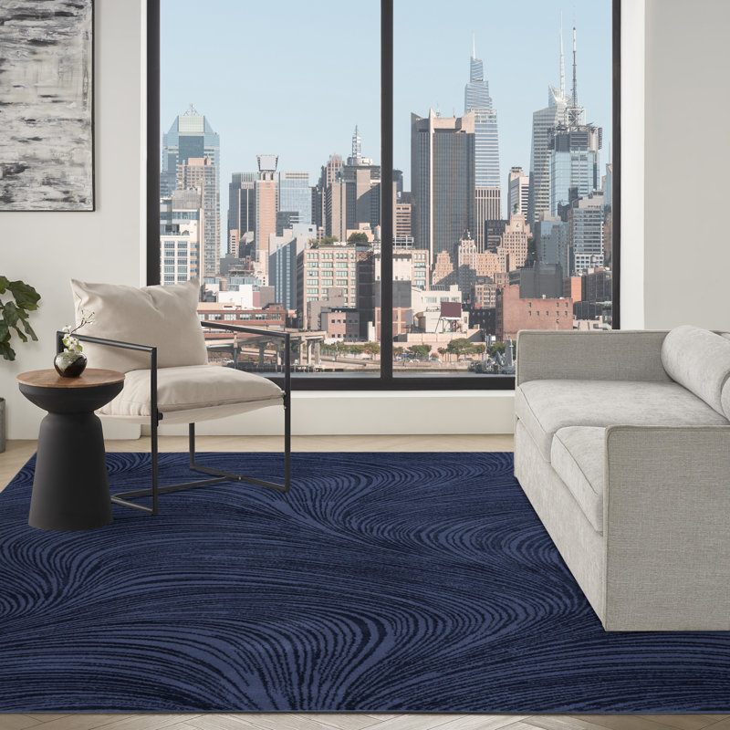 Central Park West Power Loom Polyester Abstract Area Rug in Ivory/Cream, Navy, Rectangle 6' x 9'