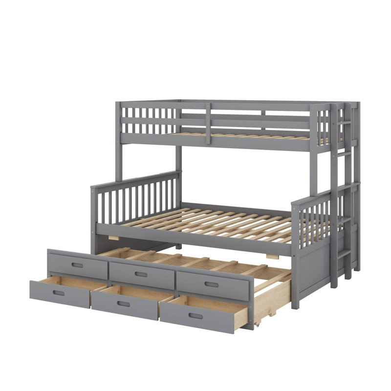 Lit simple superposé au dessus d'un lit double avec tiroirs et lit gigogne, Gris