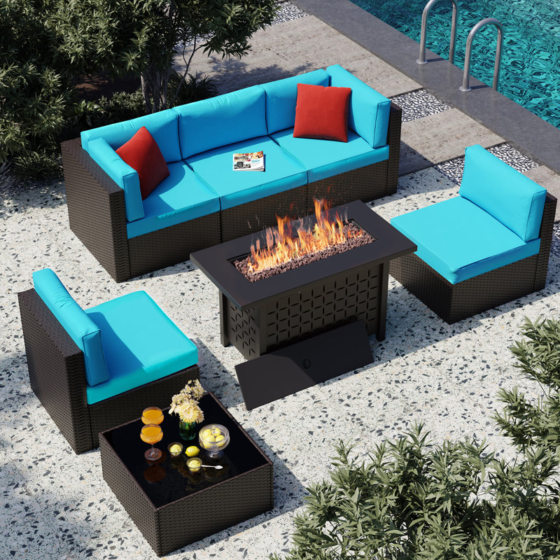 7-Piece Outdoor Rattan Patio Set with Fire Pit Table, Blue
