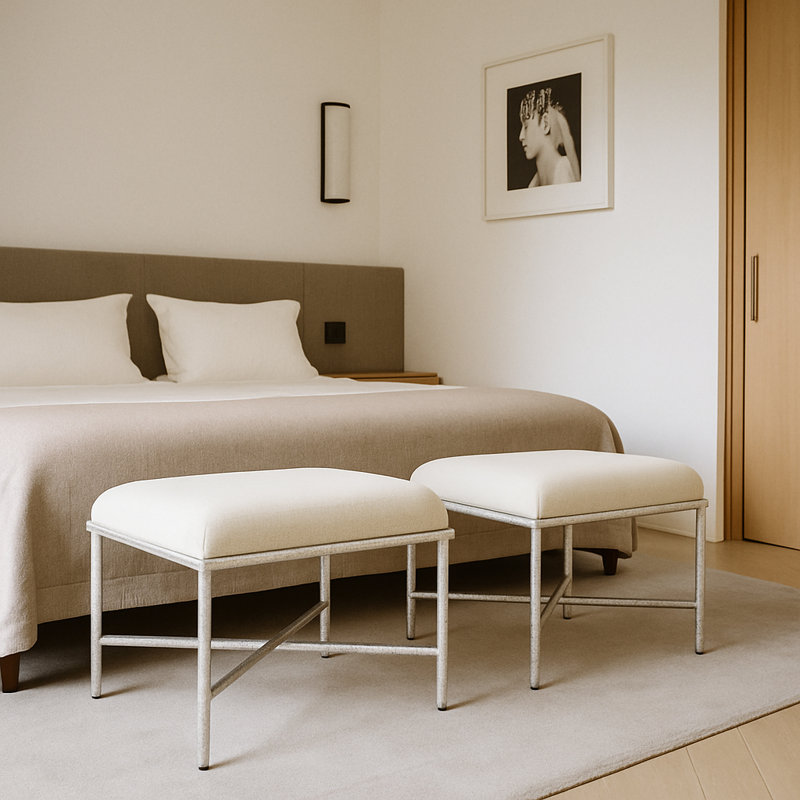 Banc en tissu Iyania Chenille, Tissu chenille crème, Argent argent