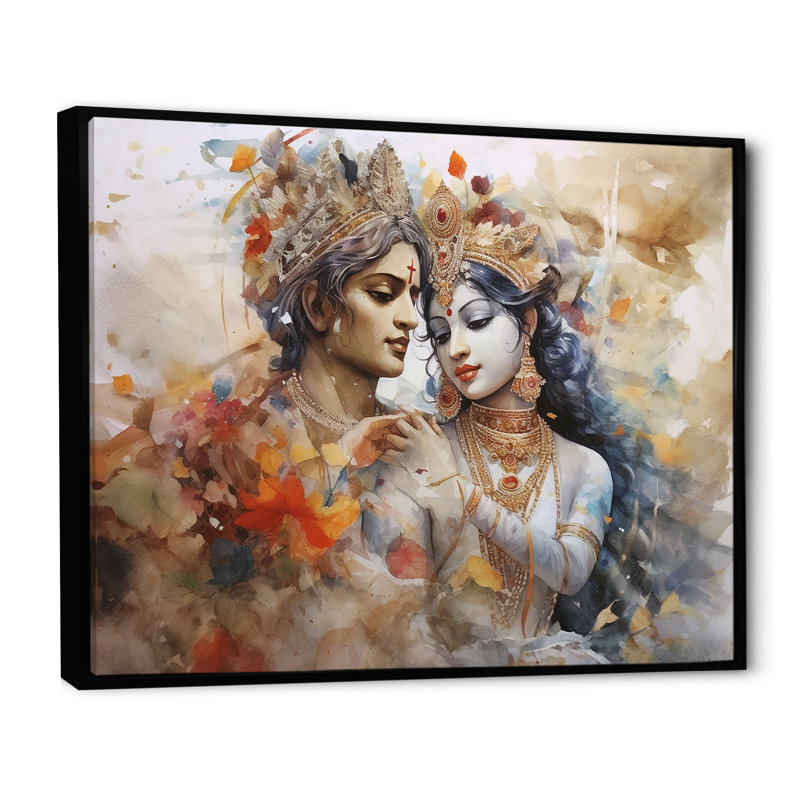 Hindouisme, aquarelle sèche, mariage divin de Radha Krishnas - impressions de l'hindouisme, Cadre flottant noir