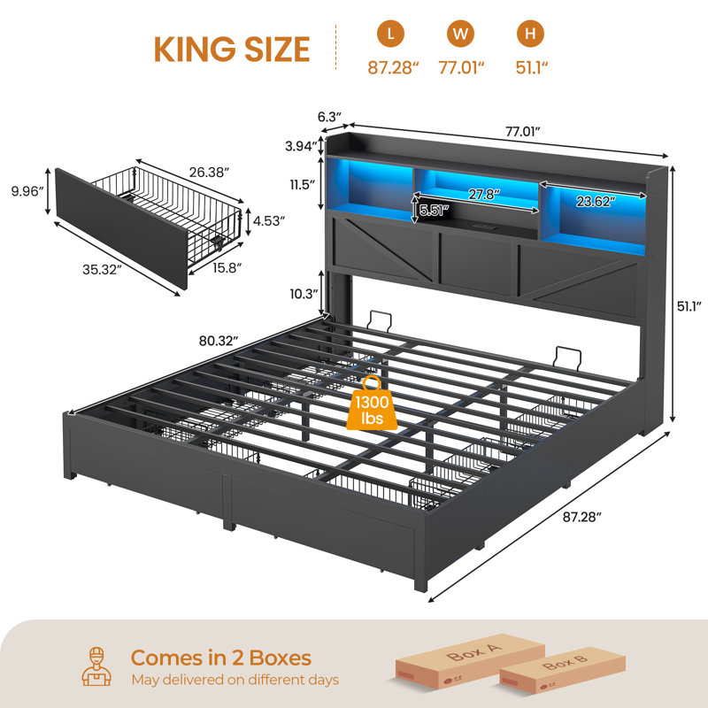 King Bed Frame With Storage Headboard And Charging Station, Farmhouse Metal Platform Bed Frame With Led Lights And 6 Drawers, Wood Storage Beds For Bedroom, No Box Spring Needed, Black