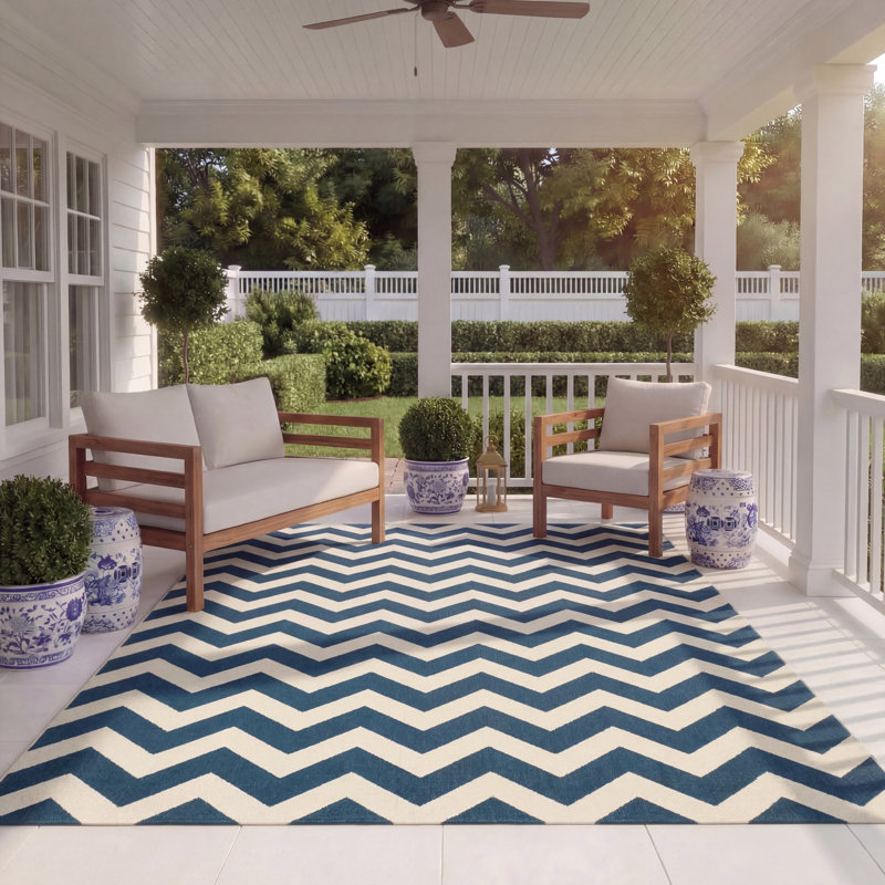 Arneshia Chevron Navy/Beige Indoor / Outdoor Area Indoor/Outdoor Area Rug, Rectangle 8' x 11'