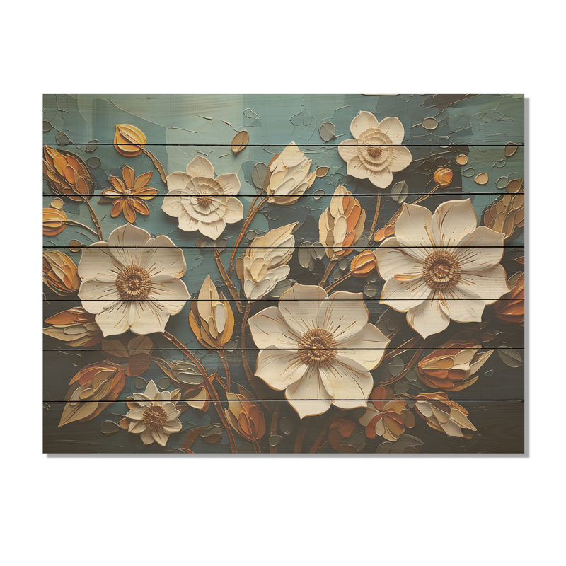 Blanc et or, charmante fleur de printemps élégante IV - Fleurs sur bois, H 34 po x l 44 po x P 0,78 po
