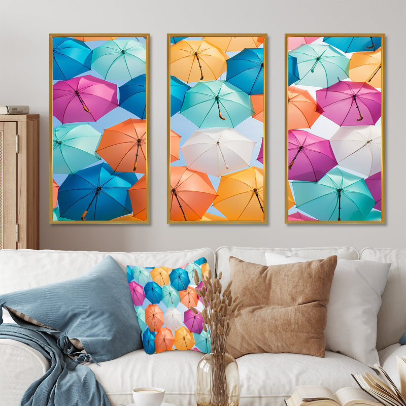 Multicolore parapluies photo moderne - ensemble d'art sur toile ciel, Cadre flottant doré, H 40 po x l 60 po x P 1 po