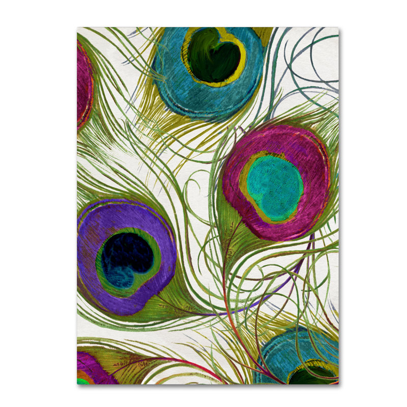 «Peacock Feathers I» par Jadaya, impression sur toile tendue, H 24 po x l 18 po x P 2 po, Vert / Mauve / Blanc