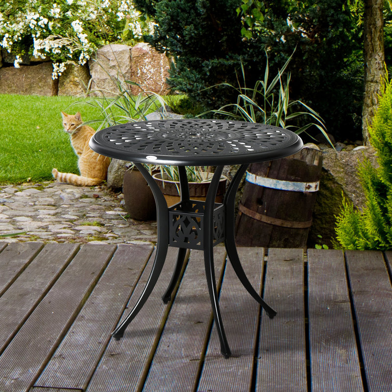 30" Round Outdoor Table With Umbrella Hole, Antique Cast Aluminum Patio Bistro Table, Black. Strong Build, Scratch- Design Dining Heavy-Duty Stable Tabletop Structure