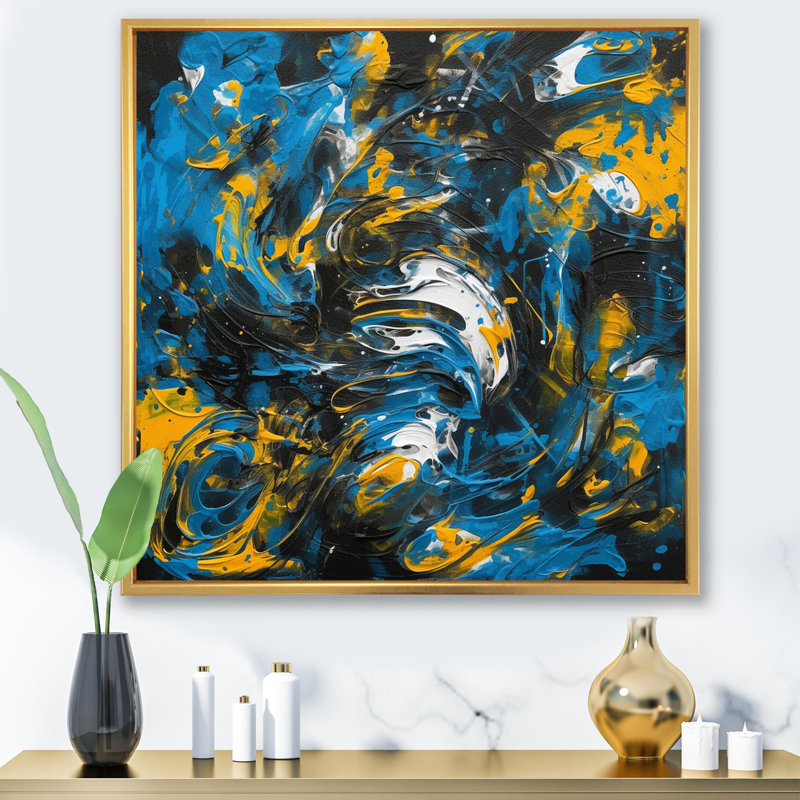 «Blue and Yellow Abstracted Realms II», reproduction d'art sur toile, H 16 po x l 16 po x P 1 po, Cadre flottant doré