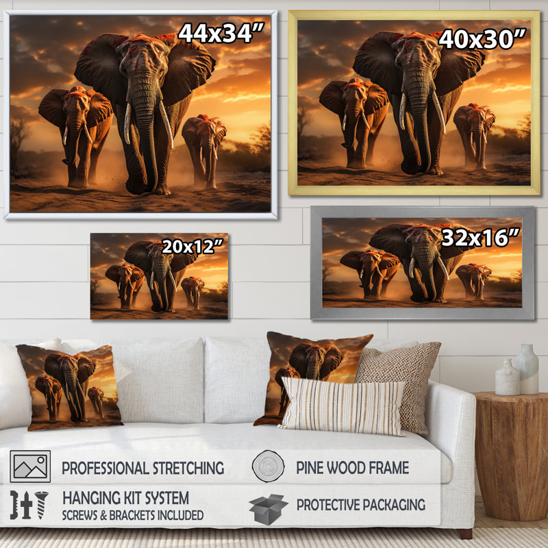 Photographie d'un éléphant d'Afrique au coucher du soleil I - reproduction sur toile, H 16 po x l 32 po x P 1 po