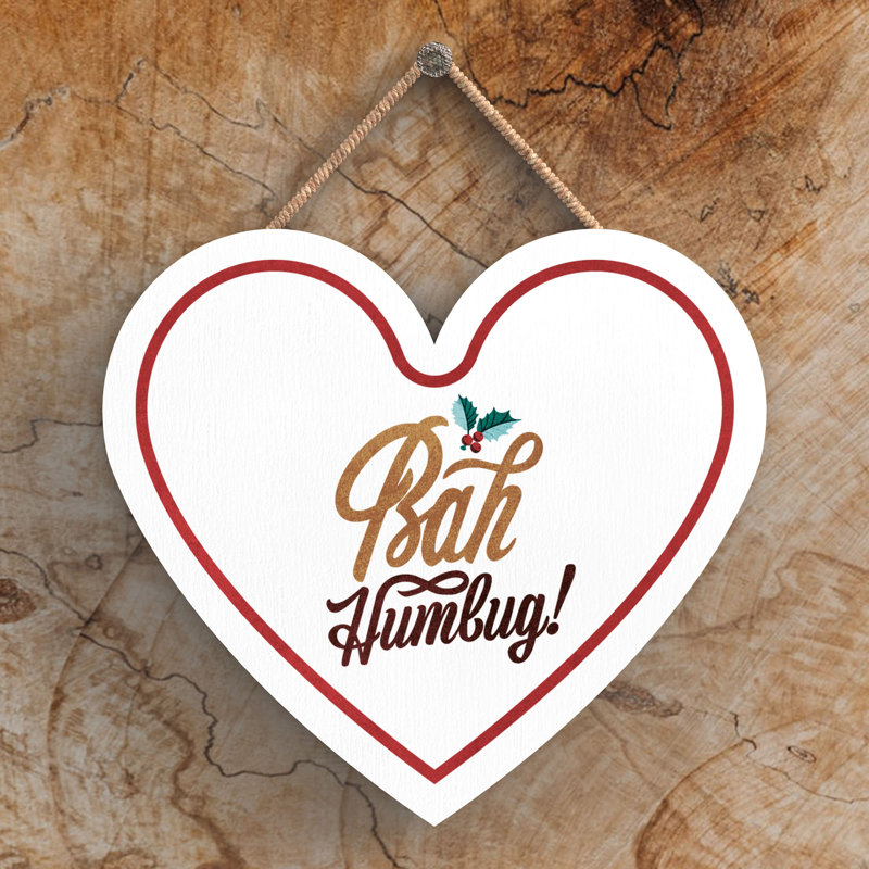 Xmas Bah Humbug Holly Wooden Heart Plaque, 10cm H x 9cm W x 0.5cm D