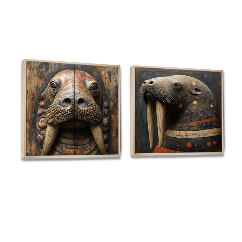 Morse inuit en tons de brun I - art mural morse - art mural moderne sur toile 2 pièces, H 16 po x l 33 po, Crème, crème