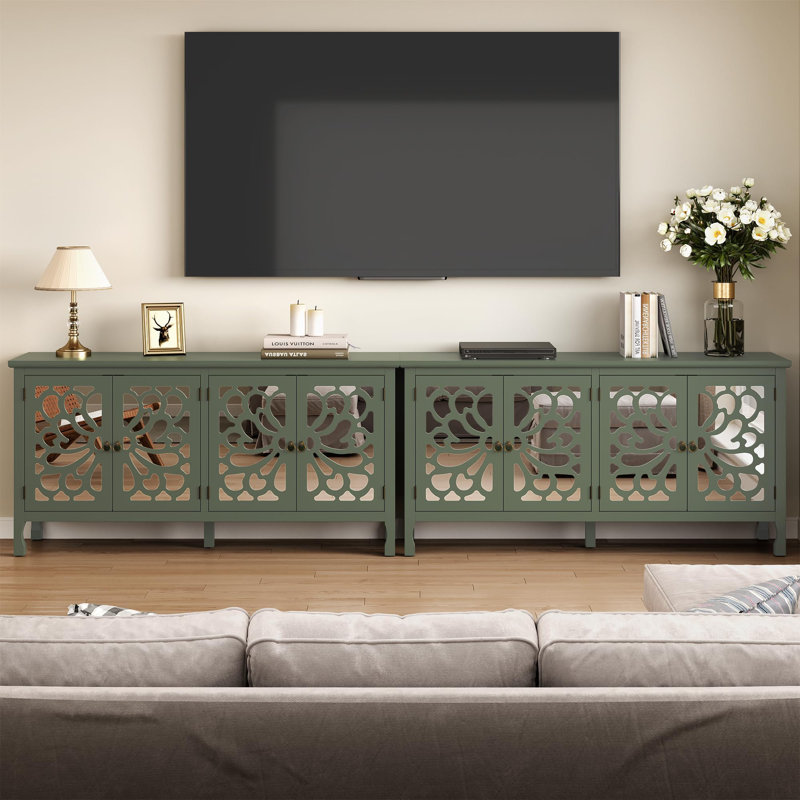 63" Carved Buffet Cabinet With Mirrored Door Set Of 2, Green