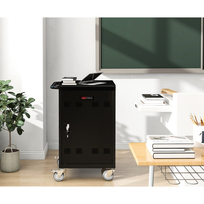 Chariot de chargement noir pour 30 personnes, tablettes et ordinateurs portables - avec portes verrouillables, roulettes, finition de revêtement de puissance, tablette pour ordinateur portable 30 + 2 baies, noir, chargement rapide, rangement sécurisé, conception facile à assembler