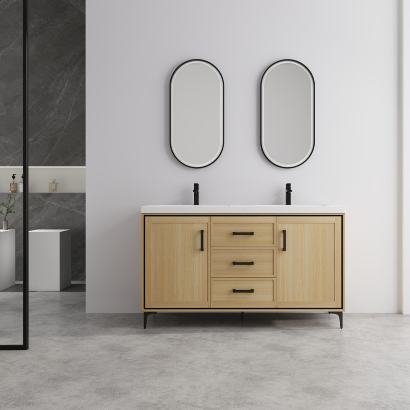 Meuble-lavabo autoportant avec lavabo double en résine, 2 portes à fermeture douce et 3 tiroirs à fermeture douce, chêne original