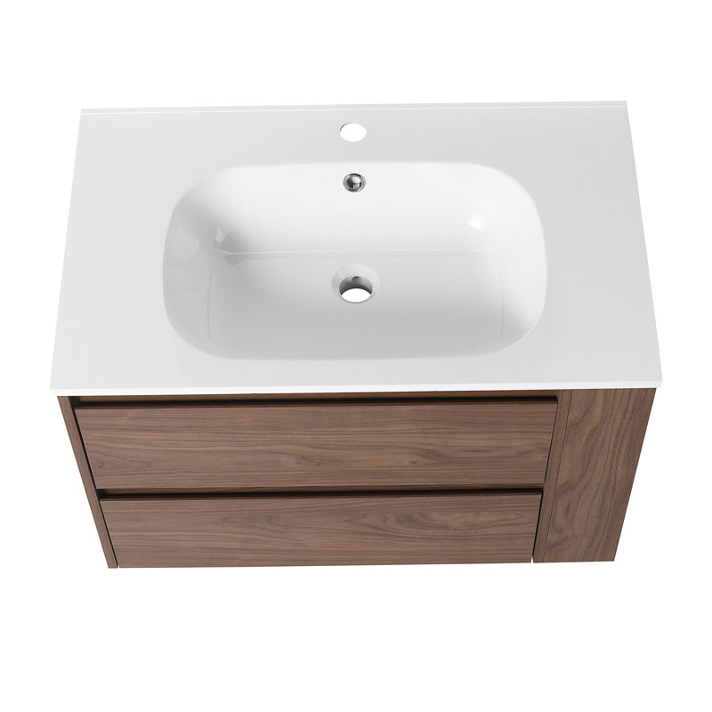 Livleen 29.7'' Wall Mounted Single Bathroom Vanity with Gel Top,Wood Frame Bathroom Storage Cabinet, Brown Oak
