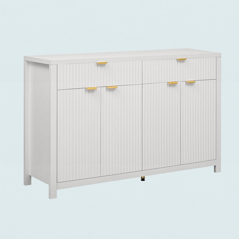 Modern Wave-Pattern Sideboard Cabinet With 2 Drawers And 4 Doors, 3-Level Adjustable Shelves, White