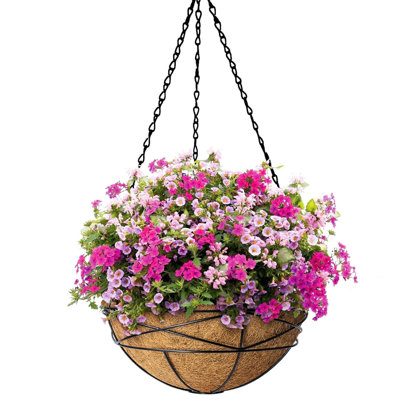 Panier à fleurs suspendu 14 po avec doublure coco, pot de fleurs suspendu à chaîne en métal pour plantes d'extérieur, panier suspendu rond pour porche, balcon, décoration de jardin et de patio, intérieur et extérieur