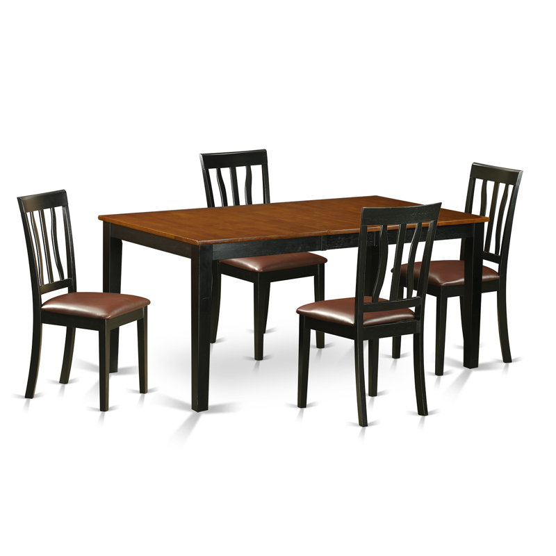 Ensemble de table de cuisine 5 pièces pour 4 personnes comprenant une table de salle à manger rectangulaire avec rallonge papillon et 4 chaises en similicuir noir et cerise