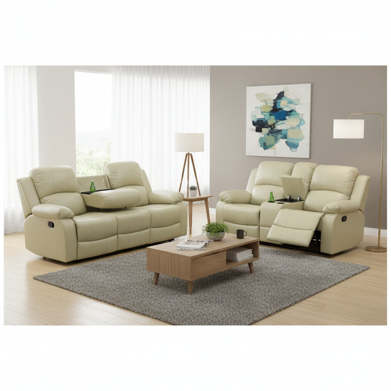 Ensemble de salon inclinable 2 pièces en faux cuir beige avec porte-gobelets, Beige