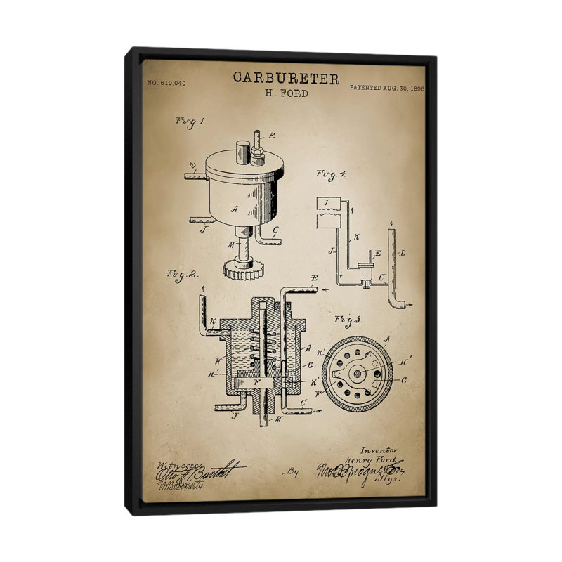 «Ford« Carbureter », impression sur toile, H 26 po x l 18 po x P 1,5 po, Pas de tapis, Toile encadrée noire