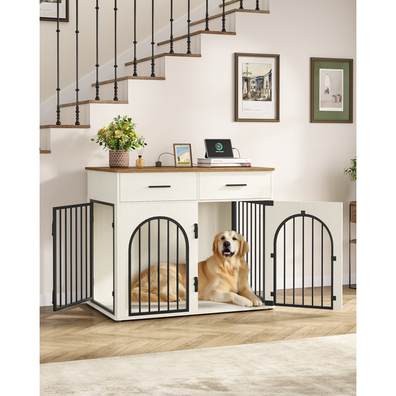 Dog Crate Furniture with 2 Drawers, Indoor Dog Kennel with Charging Station, Wooden Dog Cage Side End Table Kennel for Medium/Large Dogs