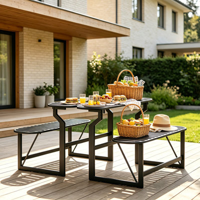 Metal Outdoor Convertible Bench, All-in-one Table Bench With Umbrella Hole