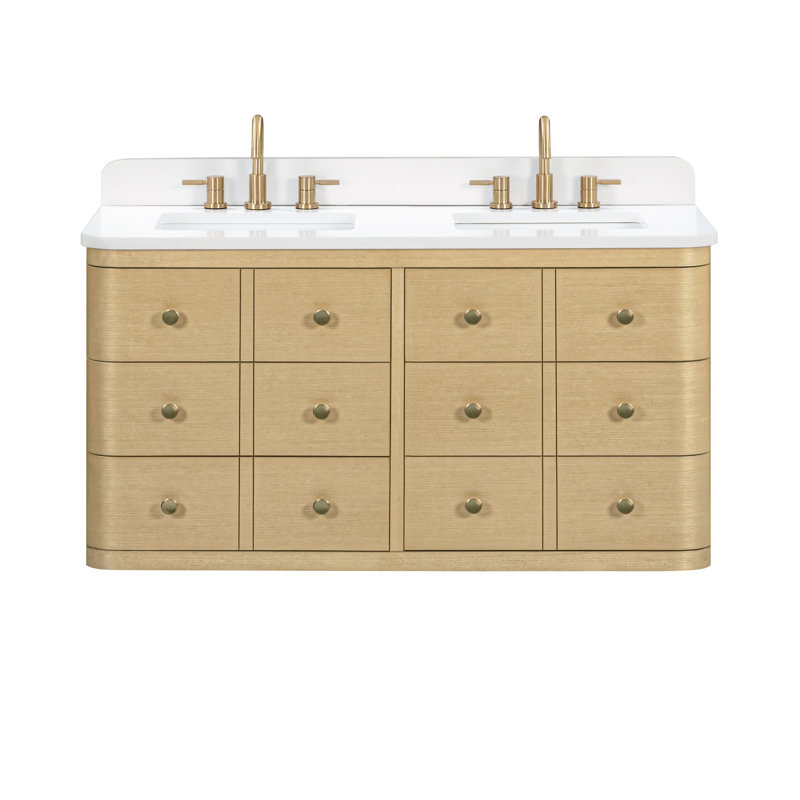 Ensemble de meuble-lavabo à double cuve en chêne blanc avec plateau Serena, Quartz blanc, 49"