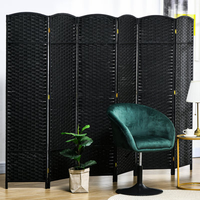 Paravent 6 panneaux d'intimité, paravent de 5,6 pi de hauteur. Noir pour bureau à domicile, chambre à coucher. Cloison murale avec fascination tissée à la main élégante et cloison supérieure arquée, glamour autoportant