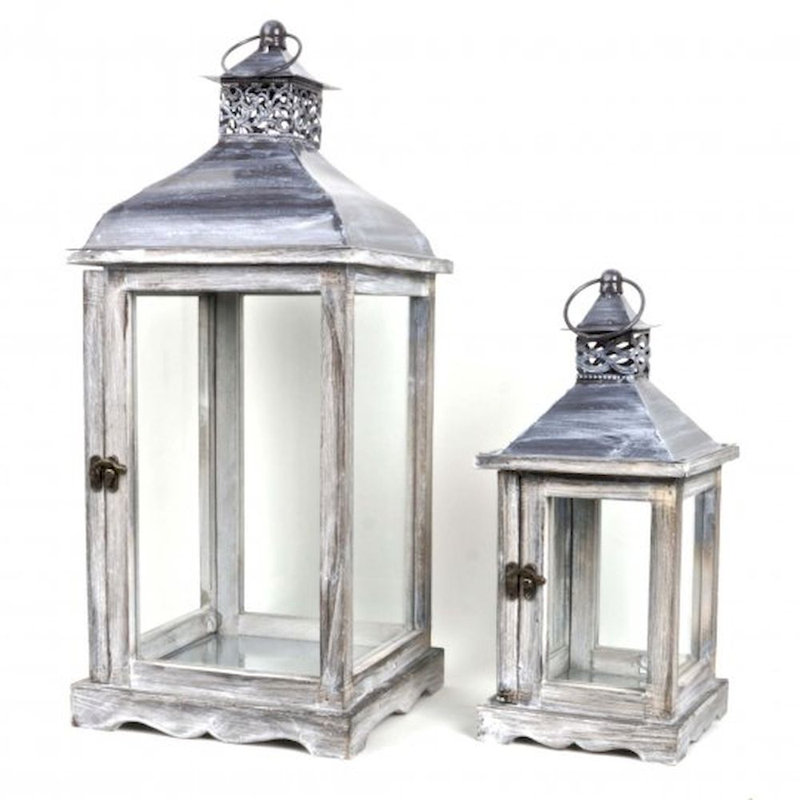 Ensemble de lanternes en bois/métal 2 pièces traditionnel, Gris