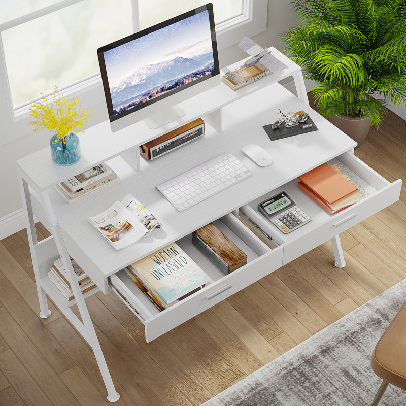 Kravitz Writing Desk with Drawers, Computer Desk with Metal Base, White Desk, White
