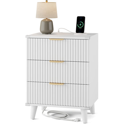  Table de chevet 1 pièce cannelée avec 3 tiroirs, table de chevet blanche avec station de charge, table de bout de chevet, table d'appoint pour la chambre à coucher, petite commode pour les petits espaces