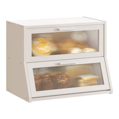 Double Layer Bamboo Bread Box For Kitchen Counter, Large Capacity Bread Storage Bin With Acrylic Wavy Door Panel, 2 (White)