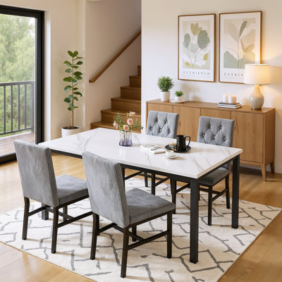 Dining Table Set For 4, Faux Marble Kitchen Table And Chairs Set Of 4 With Luxurious Button Tufted Backrest Dinner Chairs For Kitchen, Dining Room by Ebern Designs