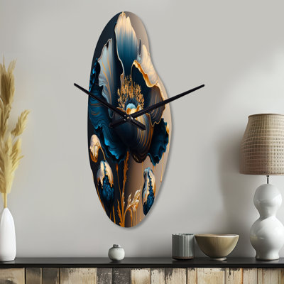 Horloge murale florale en métal bleu foncé et doré Jecorey