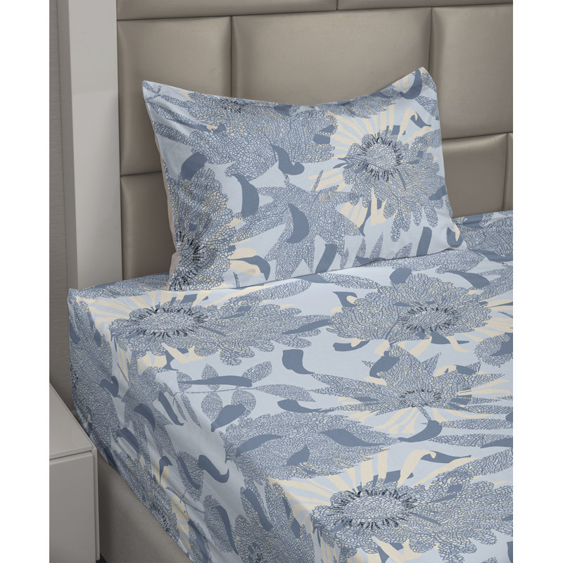 Ambesonne Watercolor Botany Sheet Set 4 Pcs Retro Boho Bloom, Twin Sheet Set with 1 Pillowcase, Purpleblue Champagne Floral