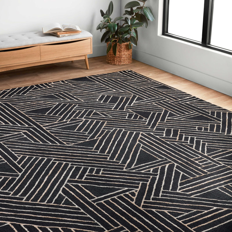 Dellon Geometric Handmade Tufted Wool Charcoal/Neutral Area Rug, Rectangle 5' x 7'6"