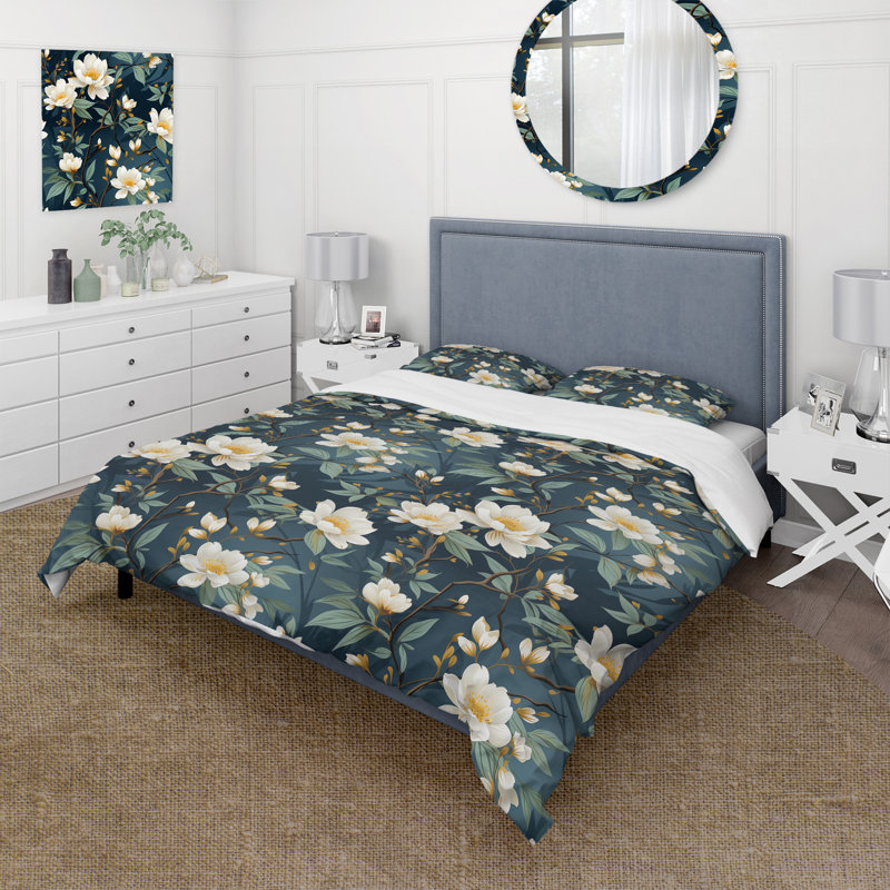Ensemble de housse de couette fleurs blanches et bleues Veins I, Housse de couette pour grand lit et 2 taies décor
