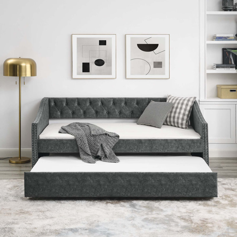 Lit de jour avec lit gigogne simple, Gris, Lit simple