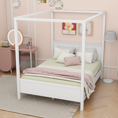 Queen Size Canopy Platform Bed with Headboard and Footboard,Slat Support Leg - White