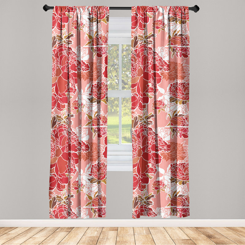 Ruby Dark Salmon Floral Microfiber Sheer Curtain Panels, 63"