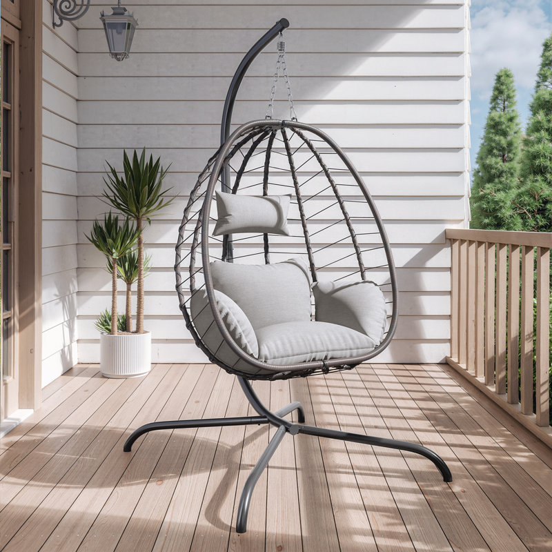 Fauteuil à œufs suspendu pliable en rotin tissé thermolaqué, Crème/noir