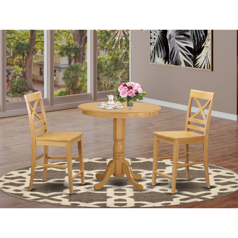 3 Piece Counter Height Dining Set for Small Spaces Contains a Round Wooden Table with Pedestal and 2 Kitchen Chairs, 36x36 Inch, Oak