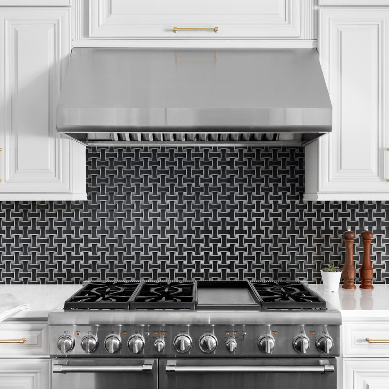 Metro Dog Bone Basketweave 0.92 In. X 2.26 In. Porcelain Basketweave Mosaic Wall Tile, Matte Black w/Glass Silver Dot