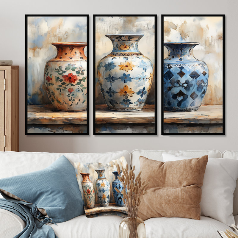 Ensemble de vases roses en céramique à motif floral IV - poterie marocaine, Toile avec cadre flottant noir