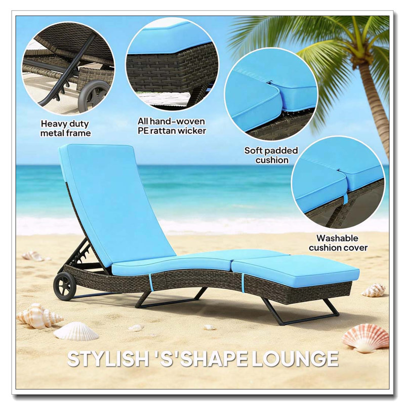 Chaise longue en osier avec design en forme de S profilé, coussin et inclinaison à 5 positions