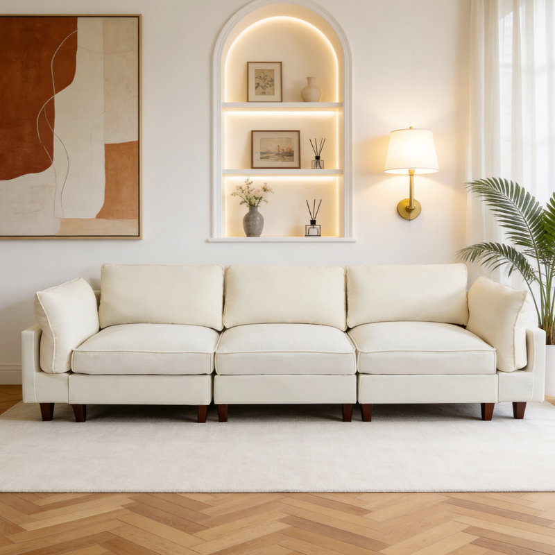 3- Piece Upholstered Corner Sectional Sofa Couch, Beige Fabric