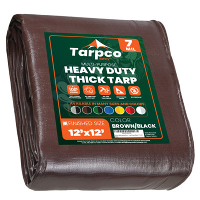 Heavy Duty 12' X 12', Brown/Black, Waterproof Tarpaulin Cover 7 Mil Thick with Reinforced Edges and Metal Grommets for Camping, Roofing, Pool and Boat Protection