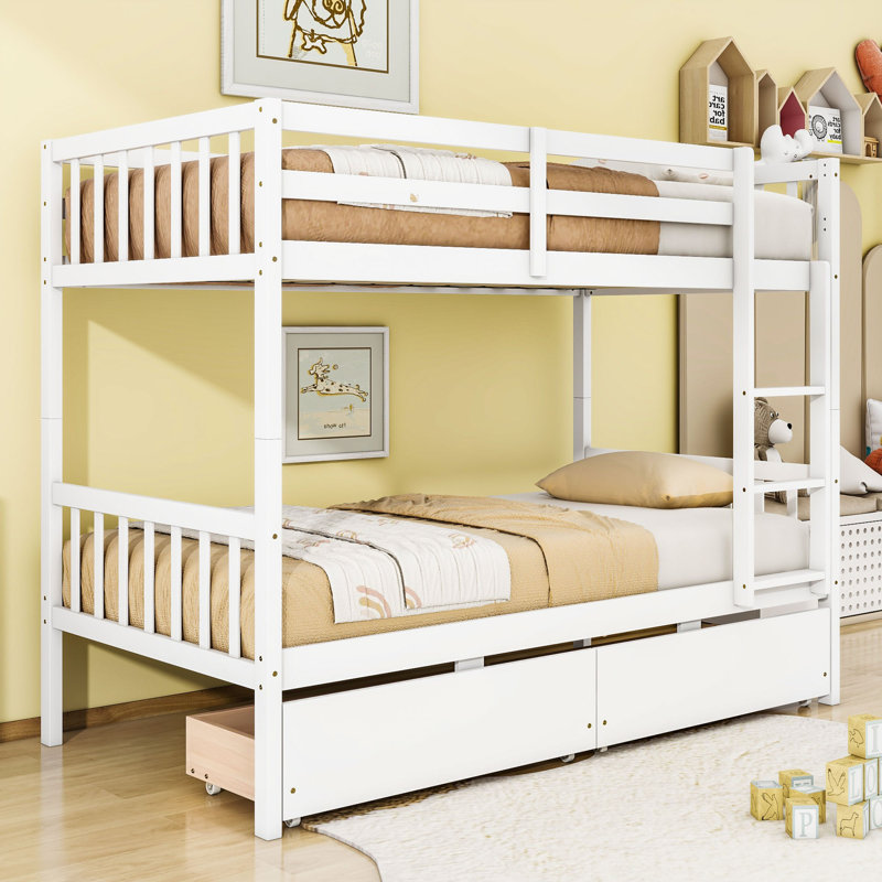 2 Drawers Wooden Bunk Bed, Twin Over Twin, White