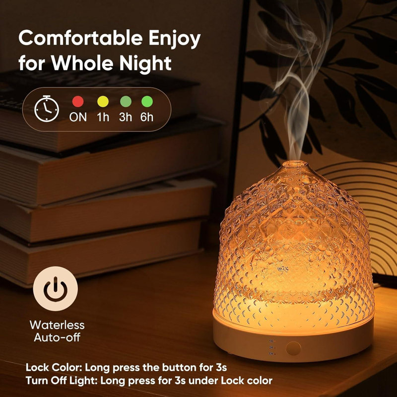 Diffuseur d'huiles essentielles en verre, diffuseurs à ultrasons aromatiques 200 ml avec dôme de réservoir en verre et base en plastique blanc avec minuterie d'arrêt automatique 7 couleurs pour le yoga dans la chambre à coucher